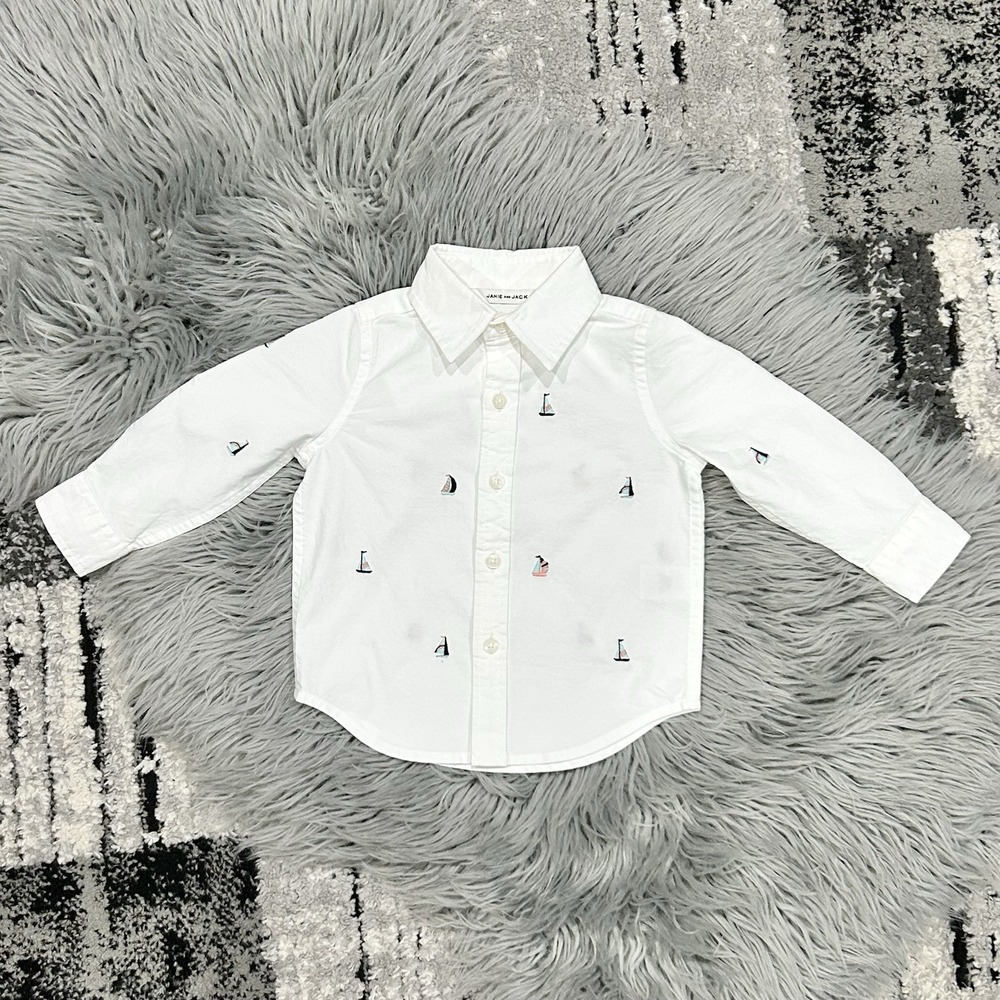 Janie and Jack Boys White Long Sleeve Button Down W/Embroidered Sailboats 6-12m